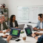 Tỷ lệ kèo bóng đá analysis by sports experts in a modern office setting.