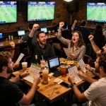Patrons celebrate while betting on BJ88 at a lively sports bar full of excitement.
