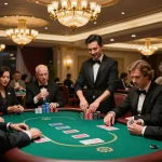 Players at the TR 88 poker table strategizing bets with stacks of chips in an upscale casino ambiance.
