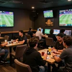 Theo thao o8: Engaging sports bettors analyzing live events and placing bets in a vibrant lounge atmosphere.