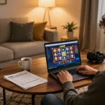 Luck8 player strategizing over live gaming on a laptop in a cozy setting, emphasizing online gambling.