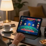 Engaging in live dealer game on tablet at home, revealing top situs gacor strategy.
