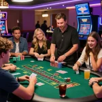 Pajaktoto alternatif gaming scene with friends enjoying blackjack in a lively casino setting, showcasing excitement and engagement.