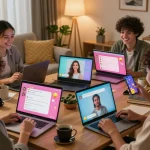Engaged individuals enjoying ai sex chat on digital devices in a cozy living room, showcasing vibrant chat interfaces.