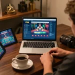 Engaged user exploring the CF68 online casino interface on a laptop, highlighting dynamic online gambling.