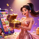 Experience thrilling slot excitement with ku3933 as a stunning woman presents treasure in an extravagant casino scene.