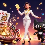 Join the fun with ONBET as players engage in thrilling card games amidst golden coins and lavish casinos.