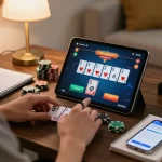 Engaging in online poker at home using MPOID platform, showcasing strategic gameplay.