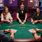 Players strategizing at a poker table in an upscale casino, featuring dynamic SC88-themed gameplay!