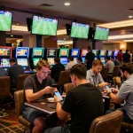 Engaged bettors exploring kèo bóng đá odds in a modern sports betting venue.