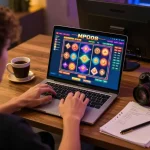 MPO08 player engaging with a laptop during an online slot game while implementing bankroll management strategies.