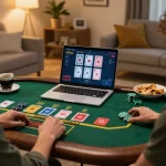 Engage in exciting online gambling at SC88 with live dealer blackjack on a laptop in a cozy setting.