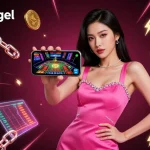 Engage with popotogel as a stunning Asian woman showcases a smartphone revealing a live casino game amidst vibrant cryptocurrency elements.