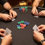Friends strategizing during a poker night at home, kubet79 showcasing engaging gameplay.