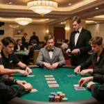 Engaged players strategize during a high-stakes poker tournament showcasing mpoid tactics in an upscale casino.