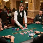 Players at SC88 casino focus on a critical baccarat game with dealer engaging in a luxurious setting.