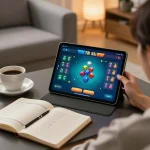 Engaging gameplay on the app tài xỉu online with a cozy home setup featuring a tablet and strategy notes.