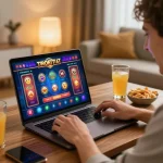 Player experiencing thrilling games at KK55 online casino, showcasing laptop gameplay and snacks.
