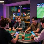 Dynamic gambling scene with friends enjoying OPEN88 COM betting options in a vibrant gaming lounge.
