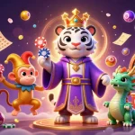 Experience the excitement of BL555 with playful casino-themed characters amidst vibrant gaming elements.