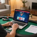 Person actively playing online poker at LGOGOAL on a laptop with strategy notes visible.