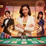 Experience captivating gameplay at 100vip co, featuring an elegant Asian woman showcasing poker mastery against a vibrant casino backdrop.