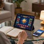 Engaging gameplay on LIGALGO online casino displayed on tablet in a cozy home setting.