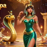 Betting on rusupopa: a 3D scene featuring a glamorous woman and her cobra companion in a vibrant casino setting.
