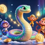 Vetrina di siti non AAMS sicuri con una scena incantevole di un serpente colorato e un re scimmia, circondati da elementi cripto luminosi.