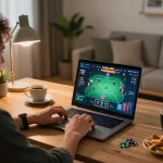 LIGALGO player engaging in an online poker game at home with a cozy atmosphere.