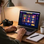 Player enjoying an online slot game at FAFA 828 from the comfort of home, showcasing a strategic betting setup
