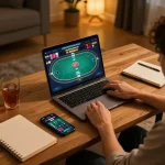 Player using mpoid for online gaming on a laptop while analyzing strategy notes.