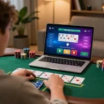 Engaging in strategic blackjack gameplay at rr88 on a laptop in a cozy home setting
