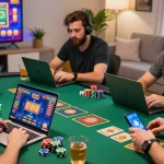 Engaging scene of players enjoying online gaming at https://gamebaidoithuong.is/ with laptops, colorful graphics, and snacks.