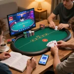 B52club players strategizing during an intense online poker game, showcasing interactive user interface.