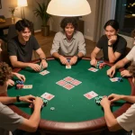 Friends enjoying a poker game at home, with high-stakes excitement capturing the essence of hi88.