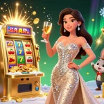 Experience thrilling wins at sun win with a dazzling scene of fortune and celebration, showcasing an elegant woman and a jackpot.