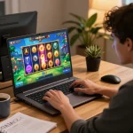 KADAL778 user immersively engaging in interactive gaming on laptop in a warm home setting.
