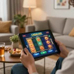 LIGALGO user engaging in exciting slot games on mobile device in modern living room