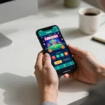 Engaging player using incakoin app on smartphone in modern workspace