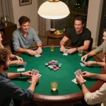 Nhà cái 789win players enjoying an exciting poker night with friends over drinks and snacks.