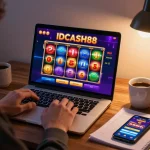 Engaging with IDCASH88 slots on a laptop, showcasing vibrant online gaming atmosphere
