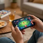Player engaging with the done55 app on a smartphone, enjoying a cozy gaming experience at home.