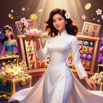 Spin vibrant slot games, featuring a graceful woman holding lucky symbols amidst floating gold.
