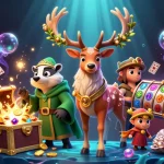 C168 features a dynamic casino adventure with a Celtic stag, wise badger, and vibrant slot reels amidst gold treasures.