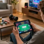 Player engaging in thrilling online poker gaming session with m111 strategy insights at home