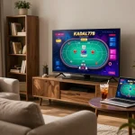 KADAL778 online poker gameplay displayed on a laptop in a cozy home setting with warm lighting.