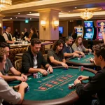 Experience the excitement of LGOGOAL blackjack with animated players celebrating a win in an upscale casino.