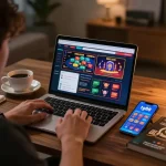 Engaging player immersed in tg88 online casino gaming with strategy notes and devices.