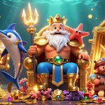 Experience the thrill of red88 slots with Neptune and samurai in a vibrant 3D casino scene.